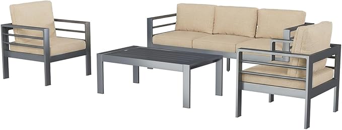 AECOJOY Aluminum Patio Furniture Set, 5 Seats Modern Outdoor Furniture with Coffee Table, 4 Pieces Metal Conversation Sectional Sofa, Beige