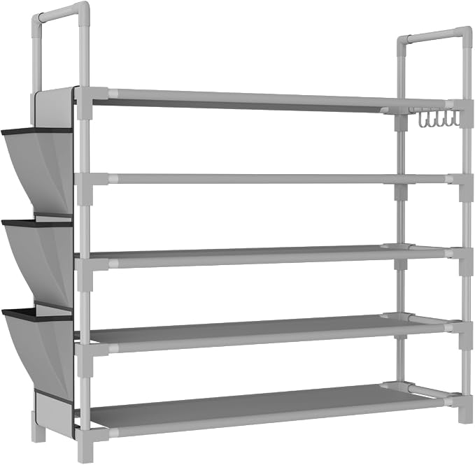5 Tier Shoe Rack, Shoe Organizer Storage for 20-25 Pair Boot and Sneaker, Stackable Free Standing Shoe Shelf with Hooks and Side Pocket, Space Saving Shoes Rack for Closet, Entryway, Grey - Image 8