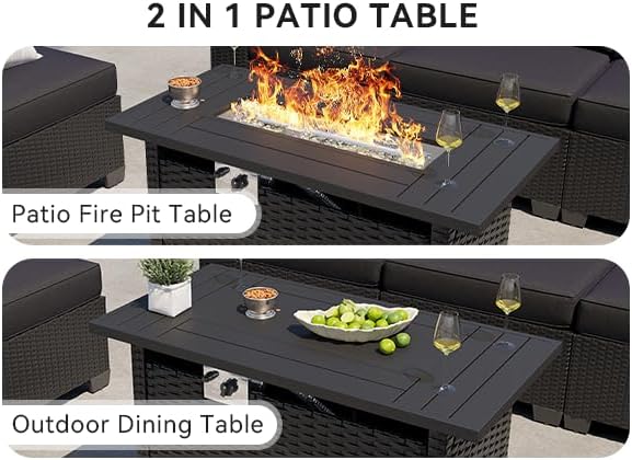 Aoxun Outdoor Patio Furniture Set with 44'' Fire Pit Table, 7 Pcs Outdoor Patio Furniture Sets with 4in Thicken Cushion, Widen Armrests Wicker Outdoor Sectional for Backyard (Waterproof Cover Include)