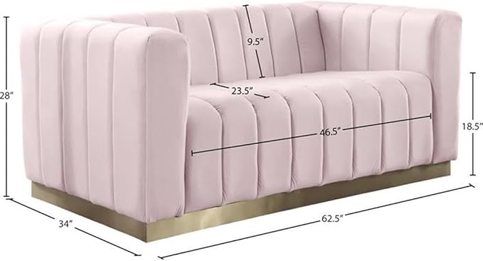 Meridian Furniture 603Pink-L Marlon Collection Modern | Contemporary Velvet Upholstered Loveseat with Deep Channel Tufting, Stainless Steel Base in a Brushed Gold Finish, Pink, 62.5" W x 34" D x 28" H