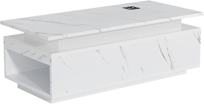 47" Modern LED Coffee Table with Wireless Charging, Bluetooth Speaker, and USB Ports, High Glossy Marble Coffee Table with Large Open 2-Tier Storage and Shelves for Living Room - White