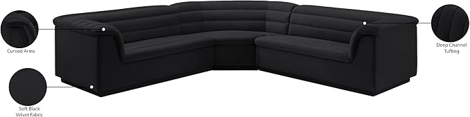 Meridian Furniture 194Black-Sectional Cascade Collection Modern | Contemporary Modular Sectional with Soft Black Velvet Fabric, Deep Channel Tufting, Curved Arms, 148" W x 80" D x 28" H, Black