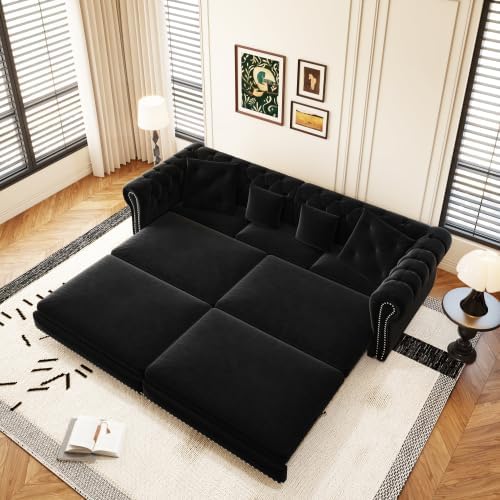KEIKI 3-in-1 Velvet Chesterfield Sofa Bed with Ottoman, 89" Convertible King Size Sleeper Couch, Rolled Arm 3-Seater Sofa for Living Room or Bedroom, Black