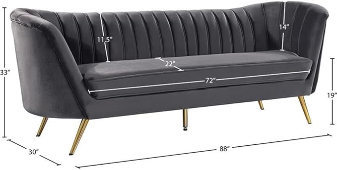 Meridian Furniture Margo Collection Modern | Contemporary Velvet Upholstered Sofa with Deep Channel Tufting and Rich Gold Stainless Steel Legs, Grey, 88" W x 30" D x 33" H