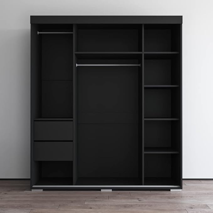 Meble Furniture Aria 3D Wardrobe with All Mirror Doors — Spacious Storage with Multiple Shelves — Modern Bedroom Closet, 82 H x 71 W x 26 D in — Black