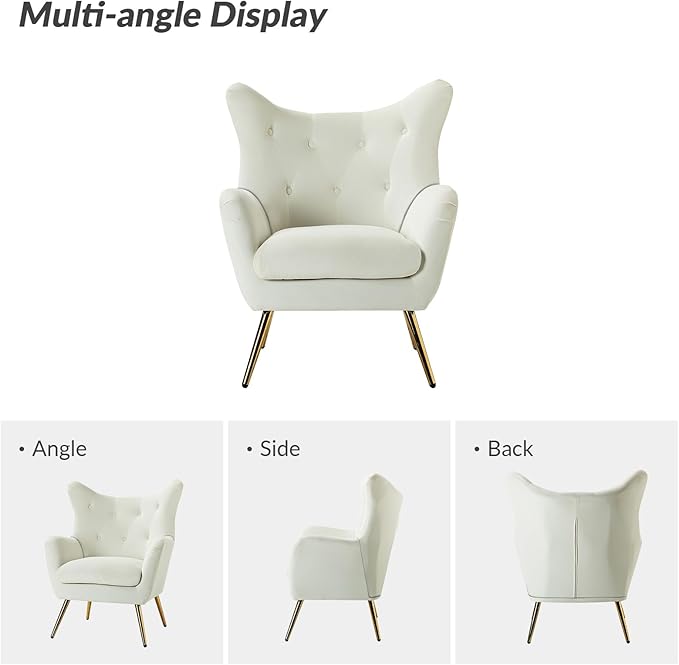 HULALA HOME Velvet Accent Chair, Modern Wingback Arm Chair with Metal Gold Legs, Velvet Tufted Upholstered(Ivory)