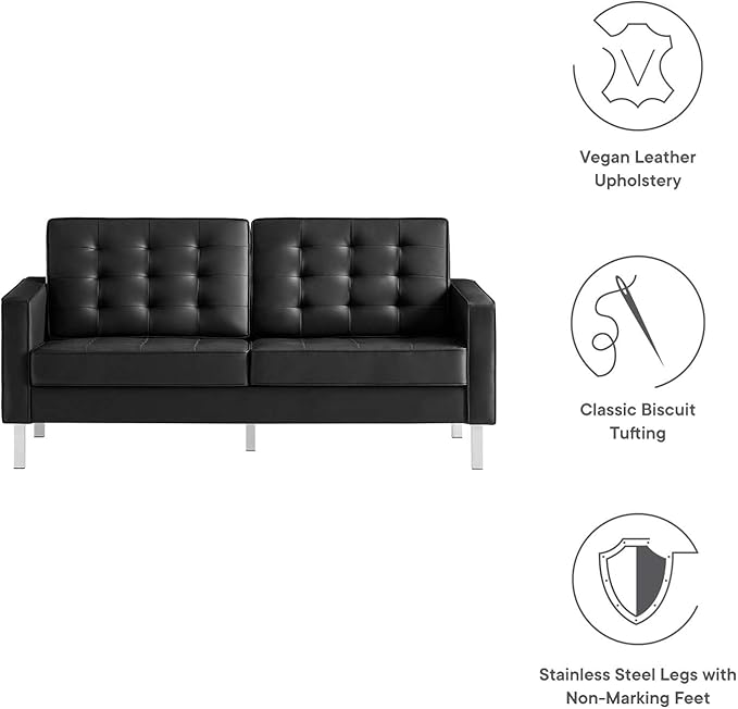 Modway Loft Tufted Button Faux Leather Upholstered Loveseat in Silver Black