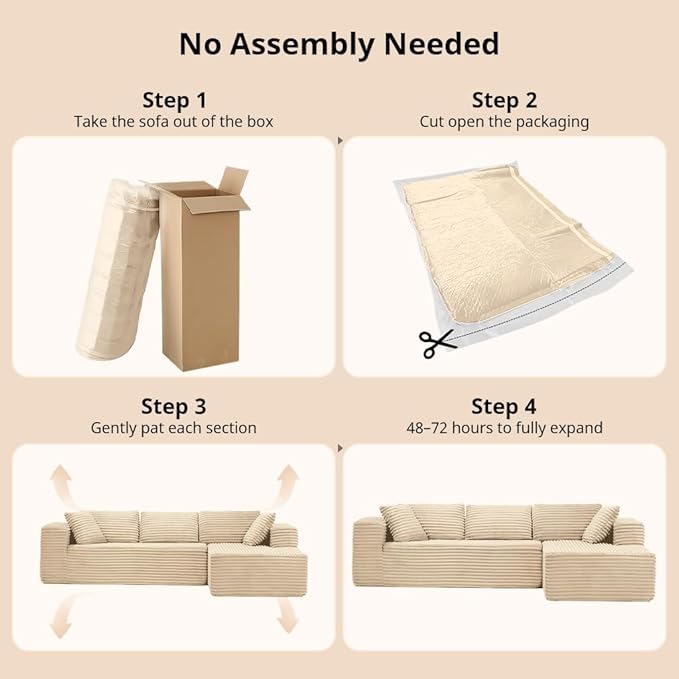 COMHOMA 105”Modular Sectional Sofa with Deep Seat,Cloud Upholstered L-Shape Couch Wide Arms Corduroy Fabric High-Density Foam Chaise Lounge for Living Room No Assembly Required