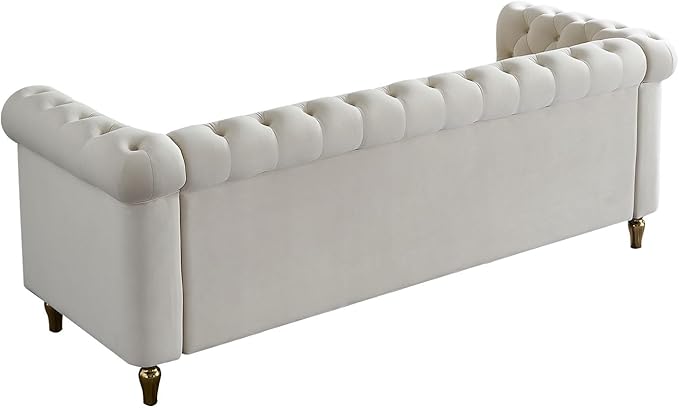 KEIKI 85" Chesterfield Velvet Tufted Button Sofa with Deep Seat Cushions and Rolled Arms, Modern Style 3-Seater Couch Decorated with Gold Strip, Easy Assembly, for Living Room, Bedroom, Office, Beige