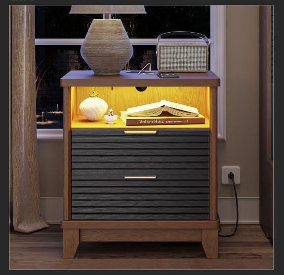 AOGLLATI Fluted Nightstand with Charging Station and 2 Drawers, Black Nightstand, Beside Table with Open Storage and Led Lights, Retro End Side Table for Bedroom, Black - Image 8