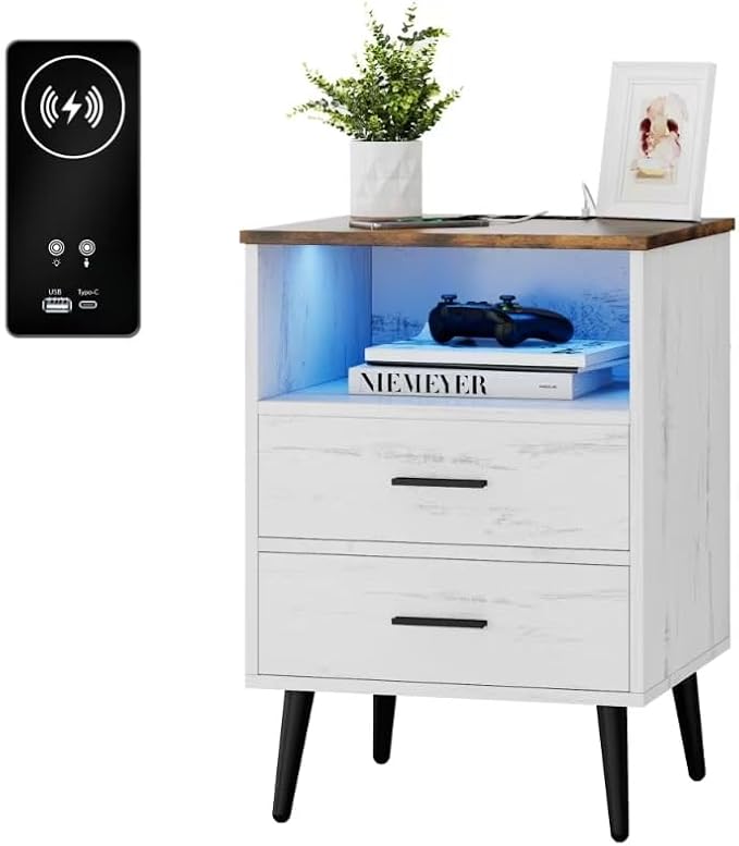 Lareth Farmhouse LED Nightstand with Charging Station, 25.6" H x 17.7" W x 15.7" D Wooden Night Stand with 2 Drawers, Smart Bedside Table for Dorm, Apartment, Small Space, Antique White - Image 9