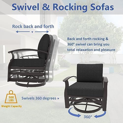 ALAULM Aluminum Outdoor Patio Furniture Set with Fire Pit Table Metal Patio Furniture w/Fire Pit Outdoor Sectional w/5.1" Cushions and 7 Seats for Patio, Backyard, Poolside-Midnight Black