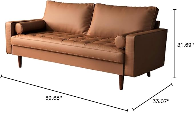 Womble Mid Century Modern Couch with Bolster Pillows, PU Leather Upholstered Tufted Seat, Versatile Retro Design for Comfortable Living Spaces, Sofa, Coffee Brown