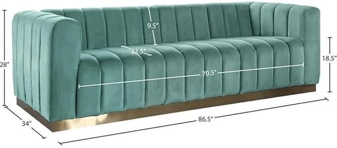 Meridian Furniture 603Mint-S Marlon Collection Modern | Contemporary Velvet Upholstered Sofa with Deep Channel Tufting, Stainless Steel Base in a Brushed Gold Finish, Mint, 86.5" W x 34" D x 28" H