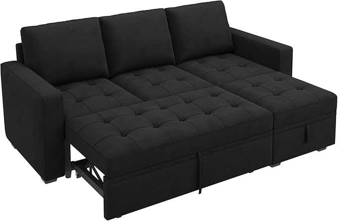 HONBAY Modular Sectional Sleeper Sofa with Pull Out Bed, L Shaped Couch with Storage Seat Sectional Couches for Living Room,Velvet Black