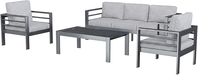 AECOJOY Aluminum Patio Furniture Set, 5 Seats Modern Outdoor Furniture with Coffee Table, 4 Pieces Metal Conversation Sectional Sofa, Light Gray