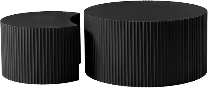 kevinplus 55.12'' Black Round Nesting Coffee Table Set of 2, Modern Side End Table for Living Room, Contemporary Wood Circle Embossed Crescent Design, No Assembly, Black