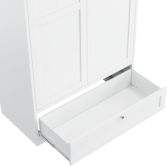 Metal Wardrobe Cabinet with Drawer and Hanging Rod,Armoire Wardrobe Closet with doors,White Metal Clothing Storage Cabinet with Adjustable Shelves,Armoire Storage Cabinets for Home,Bedroom Armoires