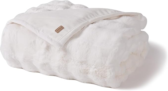 EverGrace Ultra Soft Luxury Fluffy Faux Rabbit Fur Throw Blanket, Thick Warm Bubble Throw for Bed, Cozy Plush Reversible Blankets for Couch, Chair, Sofa, Ivory White, 80x90 Inches