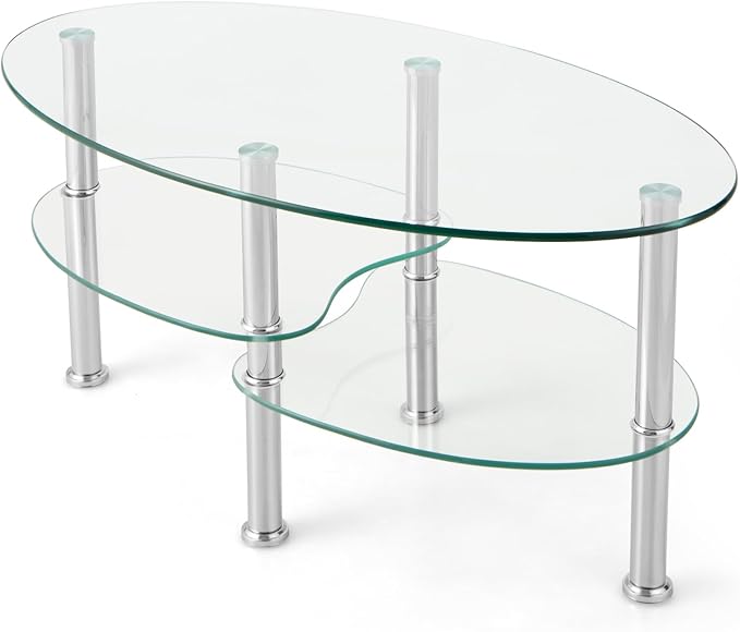Giantex Oval Glass Coffee Table - 3-Tier Transparent Tempered Glass Table W/Sturdy Chrome Plated Legs, Small Sofa Side Table, End Table for Living Room, Bedroom, Office, 35"× 20" ×18" (Clear)