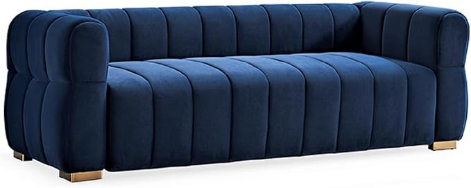 Art Deco Velvet Sofa with Tufted Low Back Design, Sophisticated 3 Seater Couch for Living Rooms, 89 Inch Wide, Easy Assembly, Blue