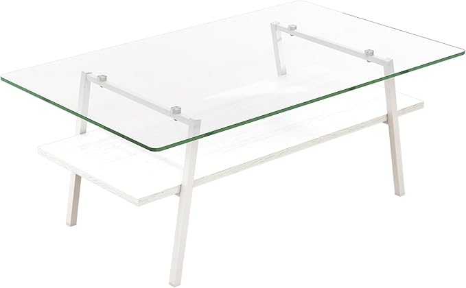 IANIYA Glass Coffee Table for Living Room Small Gold Mid Century Coffee Table for Living Room with Wood Shelves (White Frame, Transparent Glass + White Wood)