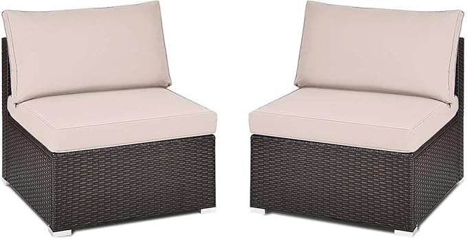 Tangkula 2 PCS Outdoor Wicker Armless Sofa, Patio Rattan Sectional Sofa Set w/2 Thick Seat Cushions and 2 Back Cushions, Additional Seats for Balcony Garden Patio Poolside (Black)