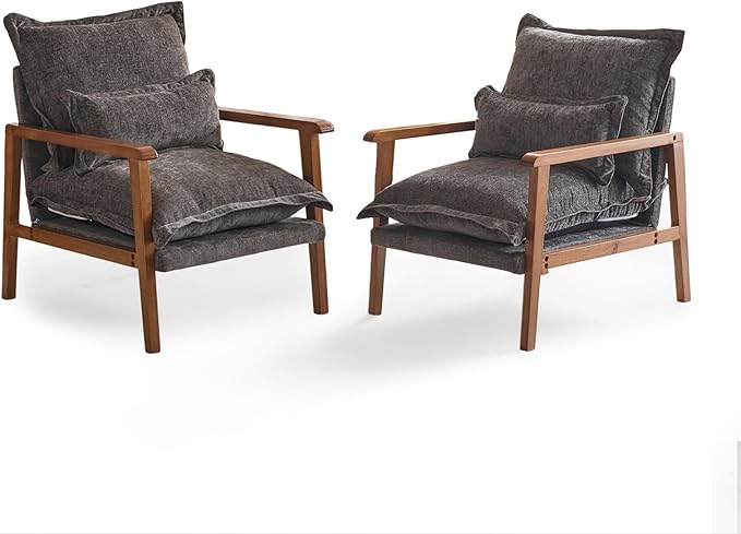 VINGLI Mid-Century Modern Cloud Accent Armchairs Set of 2 with Lumbar Pillow, 6.3'' Thick Seat Cushion Reading Chairs with Wooden Armrests, Boho Lounge Chair for Bedroom, Living Room, Chenille, Grey