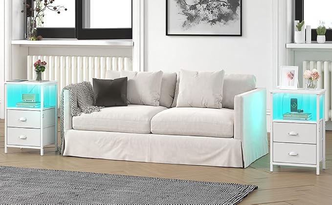 sthmec Nightstand with Charging Station, LED Night Stand Set 2, Bedside Table End Tables Set of 2, Bedroom Tables with 2 Fabric Drawers PU Finish, 3-Tier Storage Side Table for Bedroom,White - Image 9
