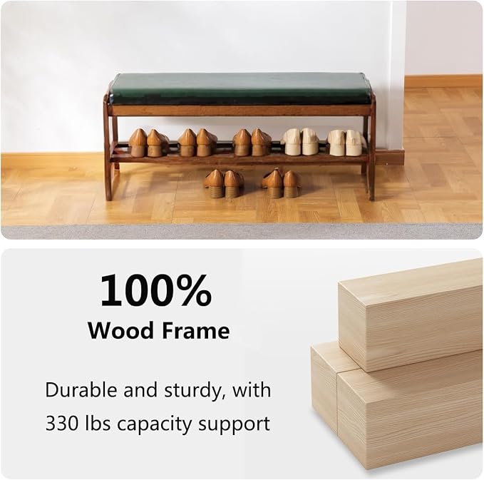 Solid Wood Shoe Bench, 2-Tier Wooden Entryway Bench, Modern Shoe Rack with Faux Leather Cushion for Hallway, Living Room (Green, 39.4'') - Image 5