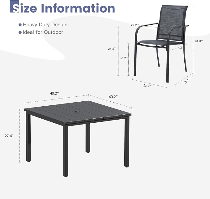 VICLLAX 5 Pieces Patio Dining Set, Patio Furniture Set of 4 Patio Stackable Dining Chairs and Outdoor Metal Square Table with Umbrella Hole for Backyard Lawn Garden, Dark Grey Chairs and Black Table - Image 7