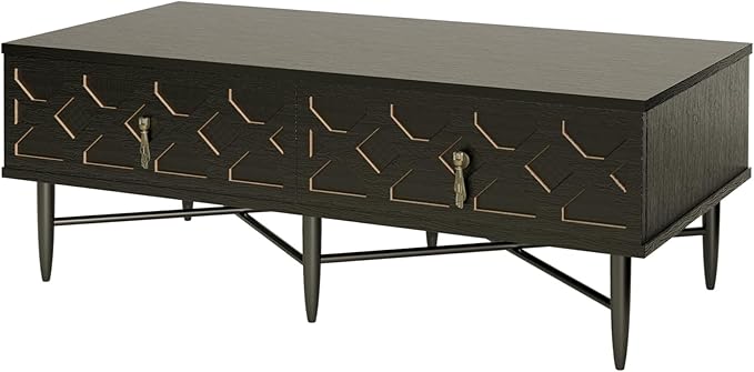 Farmhouse Coffee Table, Carved Decorative Center Table, Tea Table, Fluted Wooden Coffee Table with Storage for Living Room and Office. Ebony Black