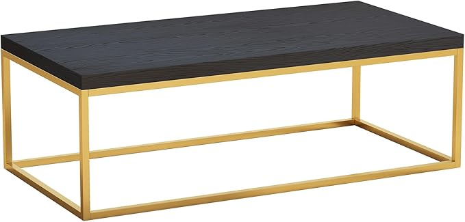 CENSI 47-Inch Black Oak Coffee Table/Center Table for Living Room, Rectangle Modern Industrial Style, Wood and Gold Metal (Black Oak & Gold)