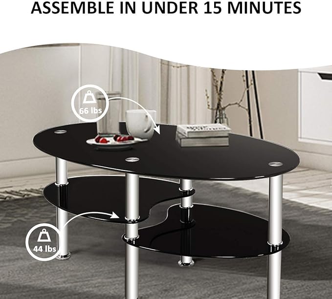 S AFSTAR Glass Coffee Table, 3-Tier Modern Oval Smooth Glass Tea Table Center Table End Table with Open Storage Shelf,Sturdy Steel Legs for Living Room,Home,Office,Cocktail Tea Table (Black)
