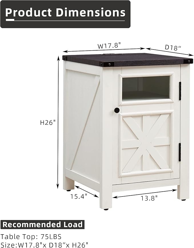 JXQTLINGMU 3 Pieces Farmhouse Bedroom Set-King Size Bed with 2 Nightstands of Sliding Barn Door Storage Cabinets, Solid Wood Slats Support, Noiseless, No Box Spring Needed, Off White