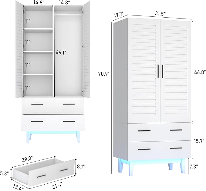 Hlivelood 2 Door Armoire Wardrobe Closet Cabinet with Mirror, Drawers and LED Lights, Multi-Tier Shelves, Hanging Rod & 2 Louver Doors, Large Capacity Storage Wardrobe Armoire for Bedroom, White