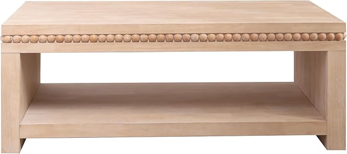 Rectangular Coffee Table with Real Wood Beads, Rustic Wooden Center Table with Open Storage Shelf, Farmhouse Tea Table for Living Room Apartment Office,47.6" L x 23.7" W x 18" H
