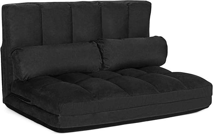 KOMFOTT Adjustable Floor Sofa Bed, Foldable Lazy Sofa Sleeper Bed with 6 Position Backrest & 2 Pillows, Convertible Futon Couch Bed with Suede Cloth Cover, Lounge Recliner for Living Room (Black)