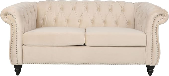 LEVNARY Velvet Sofa, Chesterfield Tufted Upholstered 2 Seater Couch, Modern Loveseat Couch Classic Furniture for Living Room Bedroom (Beige)