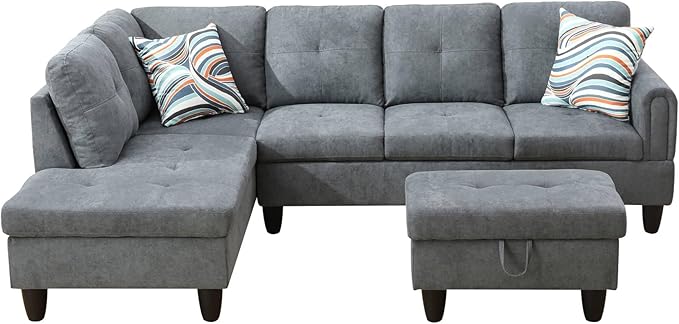 FONTOI L Shaped Sectional Couch with Otttoman, 97" Sectional Sofa for Living Room Flannel Modular Couches with Cup Holders for Bedroom, Apartments, Grey