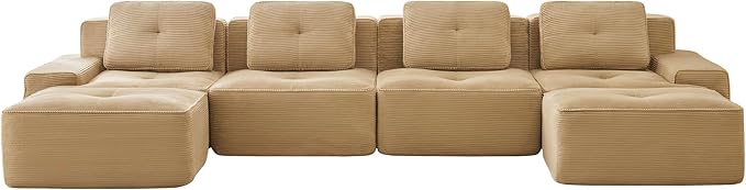 Casaphoria 150'' Camel Boneless Sectional Sofa, Corduroy 4-Seater Cloud Couch with 4 Pillows & 2 Ottomans for Living Room, U-Shaped Deep Seat Modular Sofa for Apartment, No Assembly