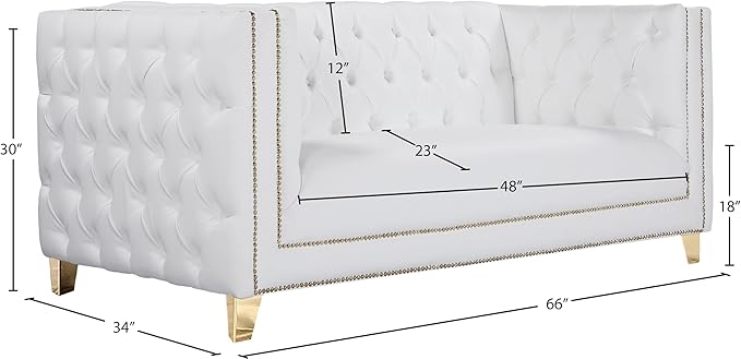 Meridian Furniture 651White-L Michelle Collection Modern | Contemporary Loveseat with Deep Button Tufting, Gold Nailhead Trim and Sturdy Gold Iron Legs, White Vegan Leather, 66" W x 34" D x 30" H