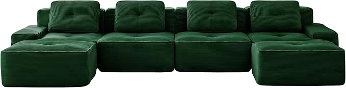 Casaphoria 150'' Green Boneless Sectional Sofa, Corduroy 4-Seater Cloud Couch with 4 Pillows & 2 Ottomans for Living Room, U-Shaped Deep Seat Modular Sofa for Apartment, No Assembly