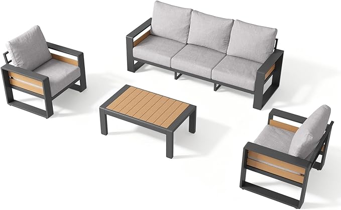 Aoxun Aluminum Patio Furniture Set, 5 Seats Luxury Outdoor Sectional with 6" Olefin Fabric Cushions, Patio Conversation Sets with Coffee Table Outdoor Sofas for Backyard, Deck, Porch Light Grey