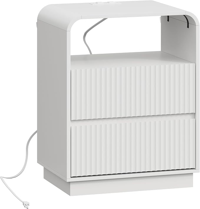 Wodeer White Nightstand with Charging Station, Mid Century Modern Bedside Table & End Table, Fluted Wood Small Night Stand with 2 Hidden Drawers and Storage Shelf for Bedroom - Image 8