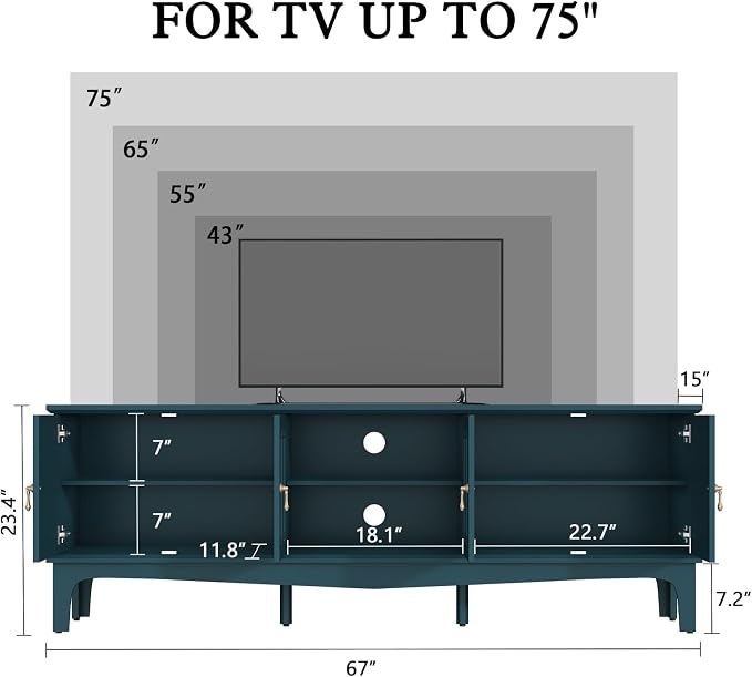 ARTPOWER 67“ Vintage TV Stand for TVs up to 75”, Modern Entertainment Center with Door Cabinets and Open Shelves,TV Console with Storage,Green Media Cabinet for Living Room,Bedroom - Image 6