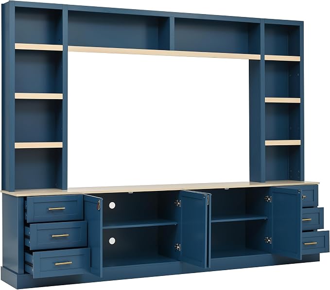 Merax 102.3 Inch Wide Farmhouse Entertainment Center, Rustic TV Stand with 6 Drawers & Adjustable Shelves, Large Media Console for TVs up to 75", Modern Bookshelves Wall Unit, Blue - Image 7