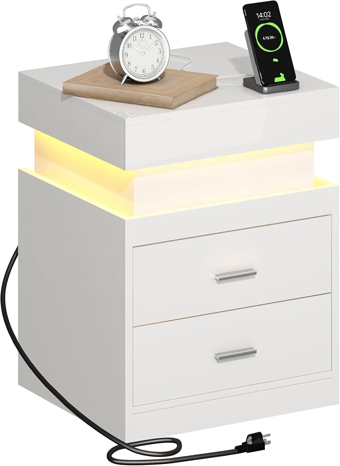 ChooChoo LED Nightstand with Charging Station, Smart Night Stand with Sliding Top Storage, 2-Drawers High Gloss Bedside Table, Modern End Table for Bedroom,White - Image 8