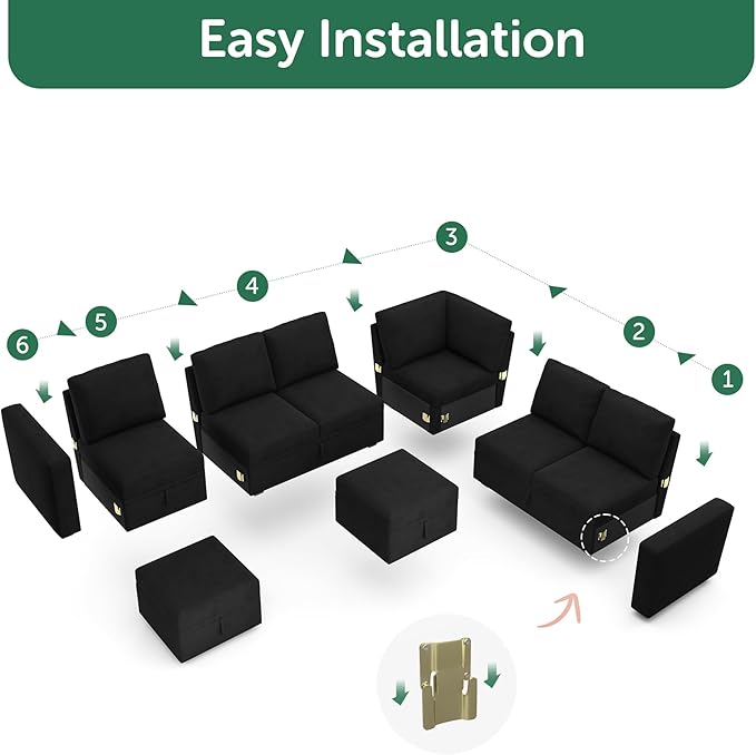 HONBAY Velvet U-Shaped Sectional Couch with Storage,Modular Sectional Sofa with Storage Ottoman Convertible L-Shaped Sofa for Living Room, Black