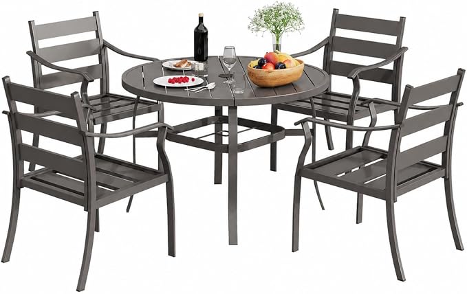 EROMMY 5-Piece Round Outdoor Patio Dining Set, 4 Metal Slat Chairs & Round Table with Umbrella Hole, All-Weather Outdoor Furniture for Backyard, Garden and Poolside - Image 8